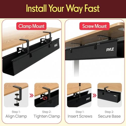 Pyle 48" Under Desk Cable Management Tray, Under Desk Wire Organizer with Clamp or Screw Mount, Desk Cable Organizer with Fabric Design for Large Workstations, Built-in Ties, 20 lb Capacity, Black - Image 4