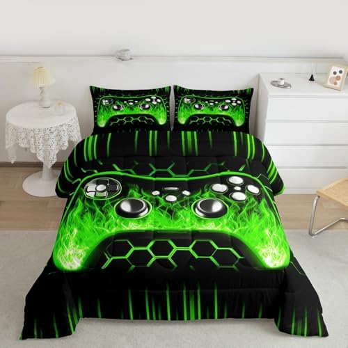 Erosebridal Ombre Art Honeycomb Gaming Bedding Set Green Neon Lights Game Console Toddler Bedding Sets for Boys Geometric Hexagon Beehive Quilt Set Gamer Room Decor for Boys - Image 6