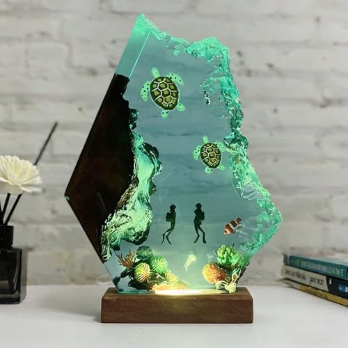 Couple Divers and Sea Turtles Ocean Resin Lamp, Handmade Resin Night Light - Image 3