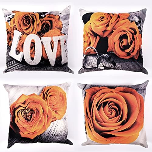 Flower Throw Pillow Covers Decor 20 x 20 Inch Set of 4, Burnt Orange Rose Pattern Pillow Cases for Bedroom Outdoor Patio Cotton Linen Square Pillow Cushion Cases Couch Sofa Decorative Pillow Cover Car by YOOOAHU