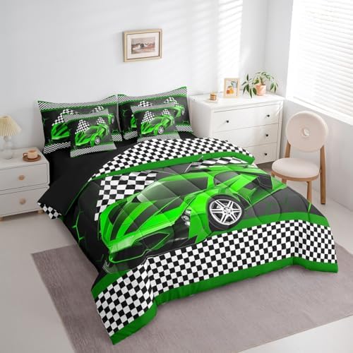 Feelyou Race Car King Comforter Set with Sheets for Kids Boys Black White Checkered Flag Print Bed in a Bag Extreme Sports Bedding Set 7 Piece Honeycomb Speed Sports Car Green Bed Set - Image 2