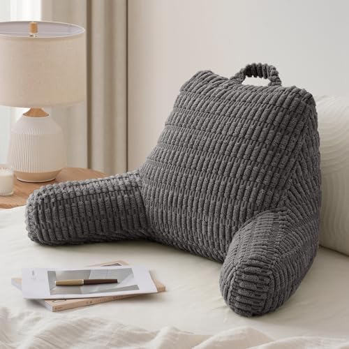 Blissful Diary Reading Pillow, Backrest Pillow with Shredded Memory Foam for Adult & Children, Designed for Bed and Couch Sitting Up, Includes Arms, Pockets and Washable Cover, Dark Gray by BlissfulDiary