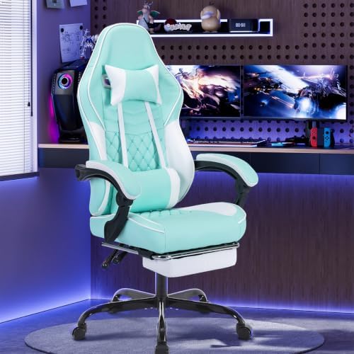 Gaming Desk Chair for Adults, Ergonomic Gaming Chair (Green+White) | with Footrest & Headrest and Lumbar Support, Leather Material Height Adjustable computer Video Game Chairs - Image 2