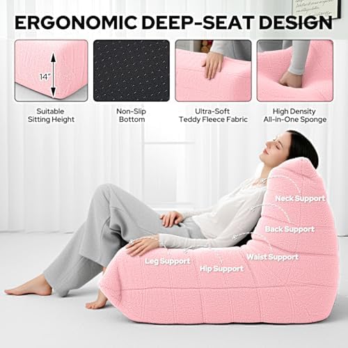 HABUTWAY Bean Bag Chairs Fireside Lazy Floor Sofa,Single,Pink | Soft Teddy Fleece Bean Bag Sofa with High-Resilience Foam Filling，Beanbag for Living Room, Bedroom, Office - Image 3