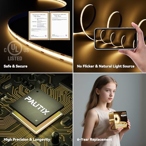 PAUTIX COB LED Strip Lights with RF Remote,32.8ft UL Listed Dotless LED Lights Warm White 2700K,Super Bright Dimmable 24V Adhesive LED Tape Light,Kitchen Cabinets Shelf Mirror Office Bedroom Lighting - Image 5