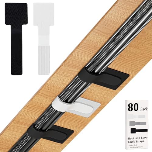 80PCS Hook and Loop Cable Straps, Cable Management Under Desk, Adhesive Cable Tie, Reusable Wire Organizer for Cords, Cord Management, Computer Accessories for Desk, Home Office Essentials,Black+White by Sereficy