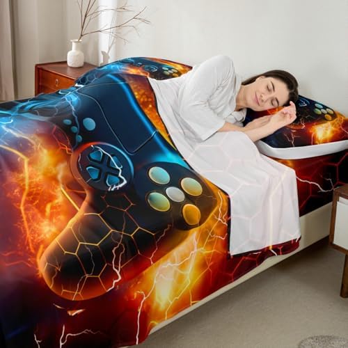 Feelyou Kids Boys Blue Red Gamer Bed Sheets Set Full Size, Honeycomb Gaming Sheets with Deep Pocket Fitted for Lightning Gamepad Sheet Set Game Bedding Set Soft 4Pcs - Image 4