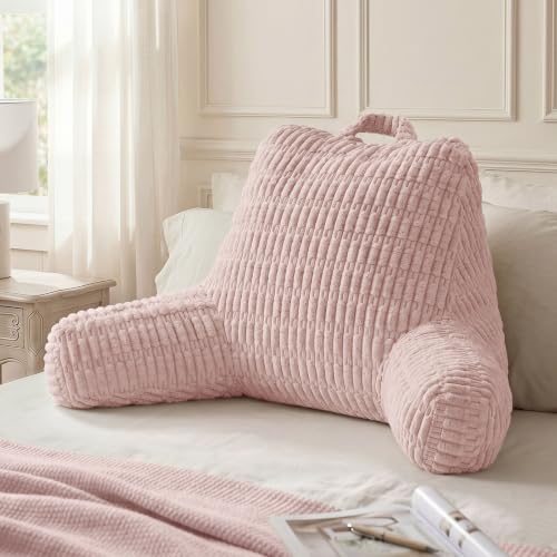 Blissful Diary Reading Pillow, Backrest Pillow with Shredded Memory Foam for Adult & Children, Designed for Bed and Couch Sitting Up, Includes Arms, Pockets and Washable Cover, Pale Pink by BlissfulDiary