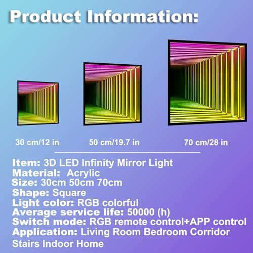 3D Infinity Mirror Light, 12in/30cm Square RGB Tunnel Light, 358 LEDs - Image 3