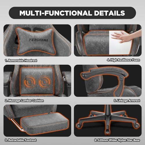 Ferghana Vintage PU Leather Gaming Chair, Ergonomic Gamer Chair with Massage, High Back Computer Office Chair with Footrest for Adults, Racing Style Reclining Video Game Chair (Grey) - Image 5