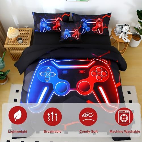 6 Pieces Full Size Kids Comforer Set for Boys Blue and Red Gaming Bedding Set 3D Honeycomb Gamer Bed in a Bag Game Console Printed Teen Boy Bed Comforter Sheet Set (Blue Red, Full) - Image 4