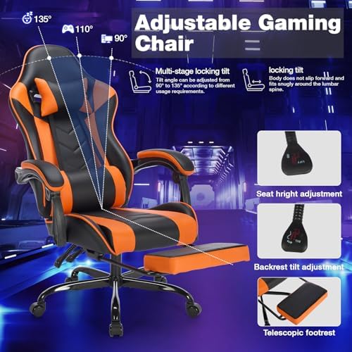 Leather Ergonomic Gaming Chair with Footrest, Comfy Orange Gaming Chair with Comfortable Headrest & Lumbar Support for Adults Women Men Boys Kids, 300 LBS Capacity (Black+Orange) - Image 6