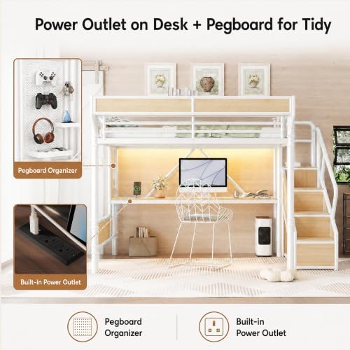Bellemave Queen Loft Bed with Desk & Pegboard, Metal Loft Bed Frame with Storage Stairs, Wardrobe & Beside Shelf, Heavy Duty Loft Bed Queen Size with Charging Station & LED Lights, White & Natural - Image 4