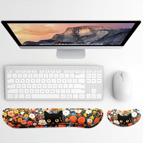 Dapesuom Enlarge Keyboard Wrist Rest, Memory Foam Wrist Cushion for Desk Mats Support, Typing Pain Relief Keyboard Mouse Pad Rests Set with Non-Slip Base for Gaming Laptop Computer, Cat Flower Bush - Image 2