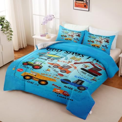 Boys Construction Vehicles Truck Comforter Set Twin,Christian Kids God Says I Am Construction Bedding Set,Car Excavator Tractor Bedroom Set（1 Comforter 2 Pillowcase） Blue - Image 5