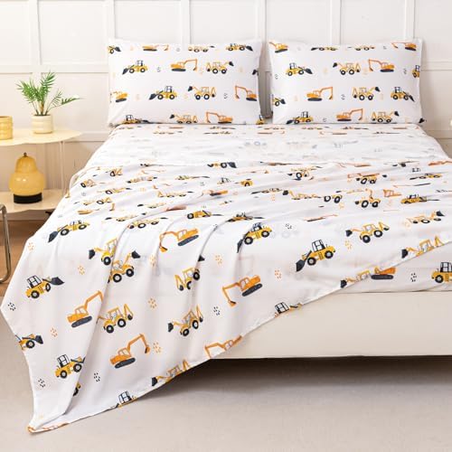 WINLIFE Kids Sheet Set Twin Size 3 Pieces Yellow Excavator Car Printed - Image 6