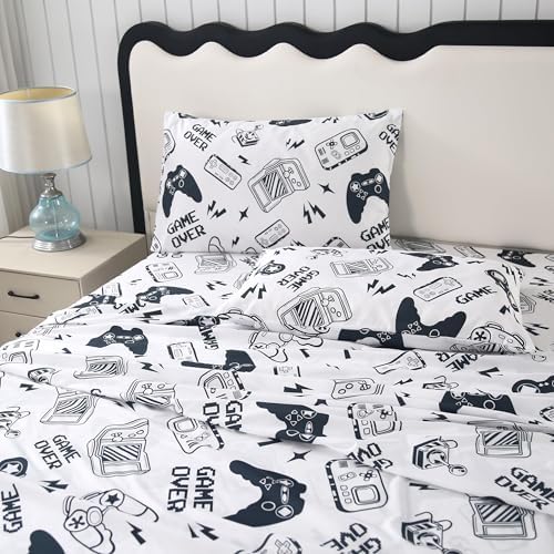 SDIII 4PCS White Gamer Twin Sheets Set, Soft Microfiber Gaming Bed Sheets Twin Size, Video Game Bedding Sheet for Boys Girls Kids and Teens - Image 7