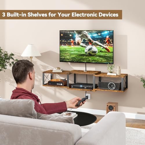 IBUYKE Floating TV Stand with Power Outlet,Wall-Mounted Floating Stand for TVs up to 55",Metal Entertainment Center,Wall Mounted TV Shelf with Storage for Living Room Bedroom,Rustic Brown UWST011H - Image 2
