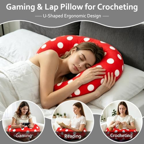 Ergonomic U-Shaped Gaming & Lap Pillow for Crocheting - Cute Polka Dot Crochet Pillow with Elbow & Arm Support, Lap Desk Pillows for Reading, Playing or Crocheting, Suitable for Adults - Red - Image 7