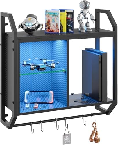 Bestier 25" LED Gaming Floating Shelves for Wall, Wall Mounted Shelf Pipe Adjustable Glass Shelves, Hanging Display Rack with 6 S-Hooks Towel Bar, Gaming Room Decor Shelf, Carbon Fiber Black by Bestier