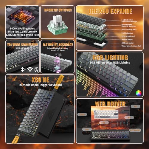 ATTACK SHARK X11&X60HE Mechanical Wireless Gaming Combo,Rapid Trigger Magnetic Switches 8K Keyboard,59g Ultra-Light Mouse with Charging Dock, 22K DPI,PAW3311,RGB Backlit 3-Mode with Coiled Cable-Black - Image 2