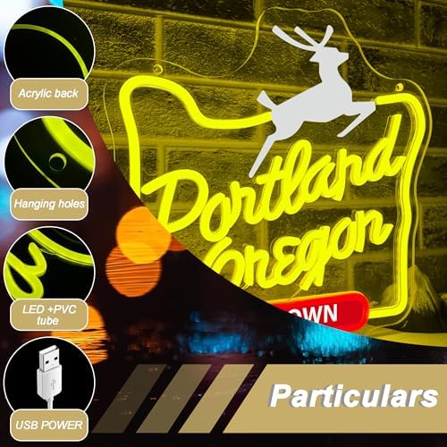 Mutank Portland Oregon Neon Sign, Iconic City Neon Light USB Powered LED Dimmable, for Portland Themed Room Decor Game Room Man Cave Home Bar Decor(12.9 * 12.5 In) - Image 3