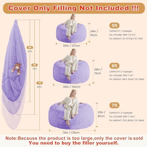 Bean Bag Cover (No Filler) - Faux Fur Beanbag Chairs Covers Only, Stuffed Animal Storage Bean Bag for Adults, Large Washable Beanbag Cover Without Filling, 5FT, Purple - Image 2