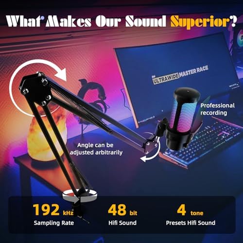 VCOM Gaming USB Microphone,Condenser Dynamic Boom Arm Mic for Podcasting,Streaming, with Boom Arm Stand,Quick Mute,Pop Filter,RGB Indicator,Shock Mount,Rotate gain Button, Compatible with PS4/5/PC - Image 5