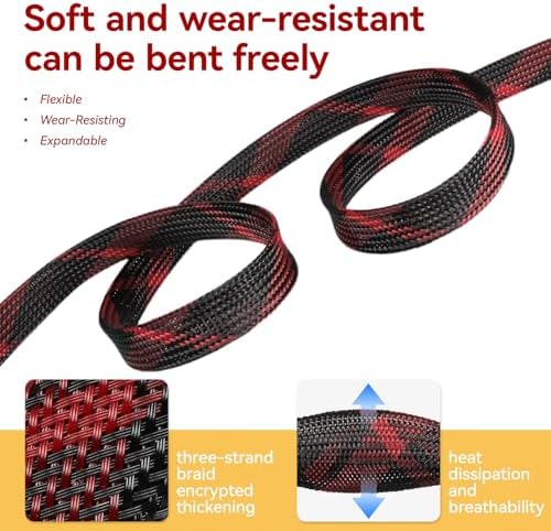 Braided Cable Sleeve, 16.4ft Expandable Mesh Cable Management Sleeve, Wear-Resistant Cord Protectors from Pets No Chew Flexible Wire Sleeving for Audio Video (Black and red, 1") - Image 3
