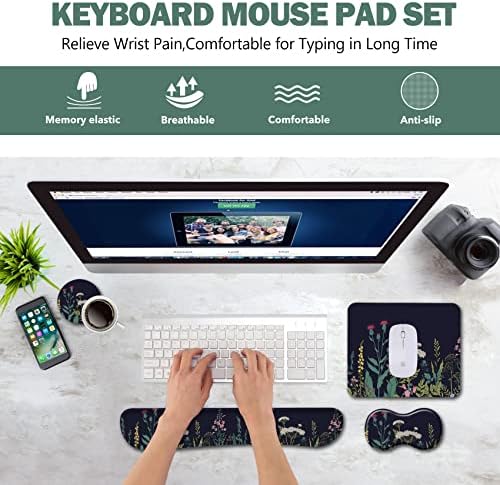 AIMSA Keyboard Wrist Rest Support + Mouse Pad + Mouse Wrist Rest + Coaster, Ergonomic Memory Foam Anti-Slip Rubber Base 4 PCS Set Easy Typing Pain Relief, Flowers Plants - Image 2