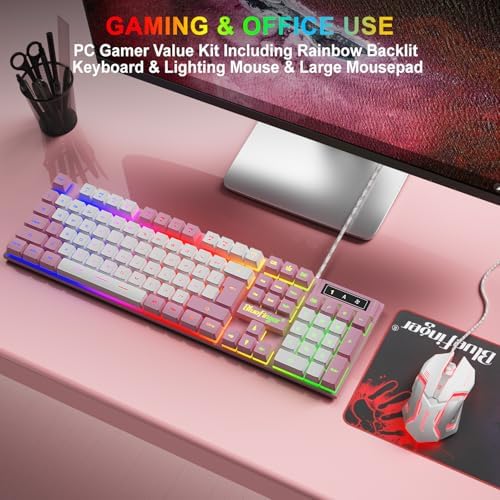 BlueFinger RGB Gaming Keyboard and Backlit Mouse Combo, USB Wired, LED Gaming Set for Laptop PC Computer Game and Work (Pink & White) - Image 6