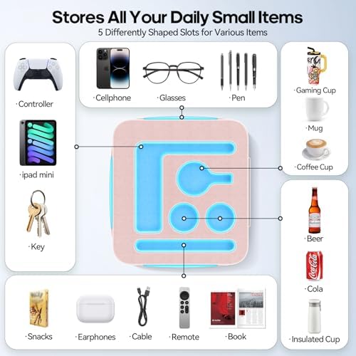 Couch Cup Holder Tray, Couch Caddy for Drink, Snack, Phone, Remote, Ipad, Game Controller, Large-size Sofa Cup Holder for Bed, Sofa, Car, Desk, Pink - Image 2