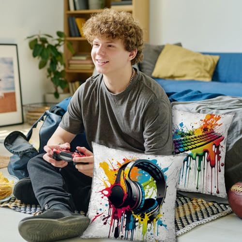 Gaming Pillow Cover for Boys Room Graffiti Game Throw Pillow Cover Sofa Couch Decor 18x18 Set of 4 Teen Video Gamepad Headphones Decorative Cushion Cases Playroom Outdoor Patio Furniture Decoration - Image 3