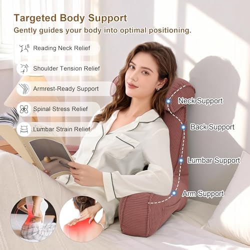 Corduroy Reading Pillow with Arms & Detachable Neck Roll, Bed Rest Back Support, Adult Cushion for Sitting Sofa & Floor, Side Pockets & Washable Cover, Brick Brown - Image 3