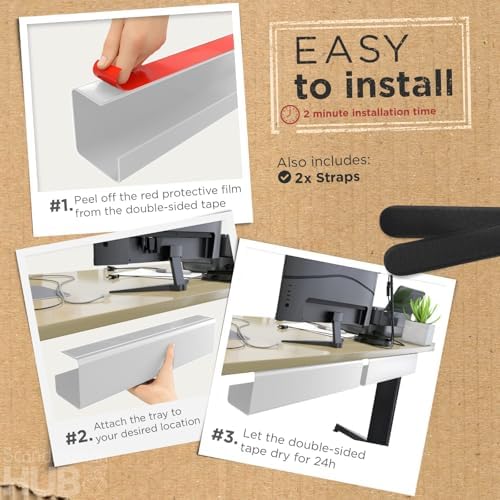 Scanfield Under Desk Cable Management Tray, No-Screw, 17-Inch, 2-Pack White - Image 3