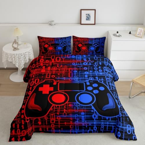Feelyou Red and Blue Gamer Comforter Set Toddler Size, Gamer Bedding Set for Kids Game Comforter Gaming Duvet Set Game Room Decor 2Pcs by Feelyou
