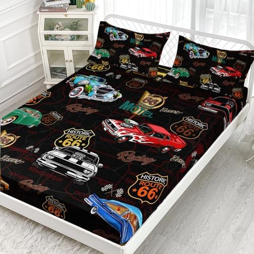 AILONEN Kids Racing Car Fitted Sheet Set for Boys, Teen Queen Size Colorful Vehicle Soft Bed Sheet Set, Speed Bedding, 3-Piece Black Cartoon Fitted Sheet + 2 Pillowcases - Image 2