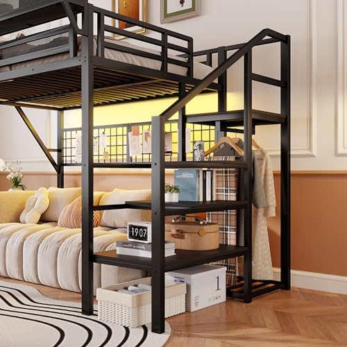 KEIKI Full Size Metal Loft Bed Frame with Grid & Staircase & Built-in Storage Shelves & Wardrobe, Modern Loft Bed with Solid Slat & Guardrail, No Box Spring Required, Easy Assembly, for Bedroom, Black - Image 6
