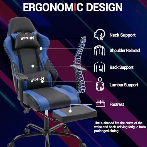 Gaming Chair with Footrest, Ergonomic PC Desk Chair with Headrest and Massage Lumbar Support, Video Game Chair with Height Adjustable High Back for Home Office, PU Leather, Blue - Image 4