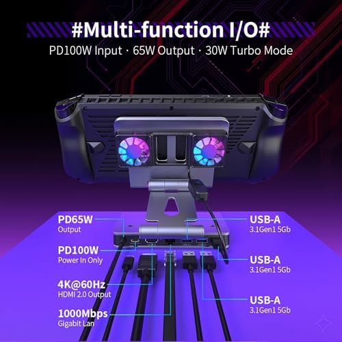 6-in-1 Gaming Docking Station, Built-in Cooling Fan & RGB Light, 4K@60Hz HDMI, Gigabit Ethernet, 100W PD Charging, Adjustable Stand, Portable Dock for Steam Deck, ROG Ally, Legion Go - Image 5