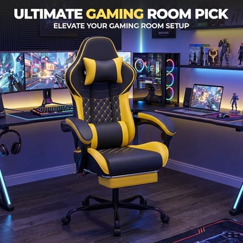 Ergonomic Video Gaming Chair Blackyellow | Massage Lumbar Support, 90°-135° Reclining with Footrest, Adjustable Height 360° Swivel PU Leather Office Chair for Adults - Image 7