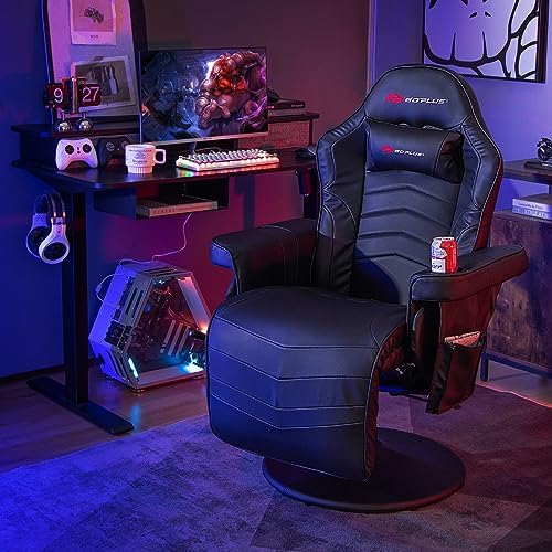 Goplus Gaming Chair, Height Adjustable Massage Video Game Chair with Retractable Footrest, Cup Holder, Headrest, Swivel Office Chair, Racing Style Swivel Gamer Chair (Black) - Image 2