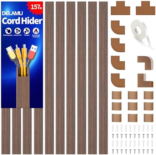 Delamu 157in Cord Hider Wall, TV Cable Hider Cord Covers for Wires on Wall, Large Cable Cover Raceway to Hide 2-4 Cords, Wire Hiders Wire Covers for Cords for TV on Walls, W1.18 H0.6in, Cherrywood by DELAMU