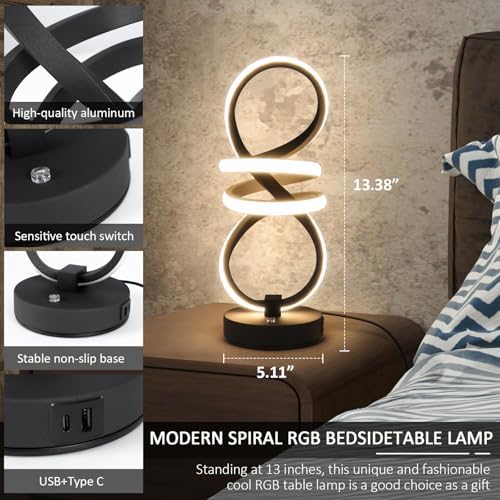 Modern LED Table Lamp, Spiral RGB Table Lamp, Touch Dimmable LED Nightstand Lamp with USB/Type C, 7 Colors & 10 Light Modes Bedside Lamp for Bedroom, Living Room, Cool Lamps for Ideal Gift(2 PACK) - Image 4