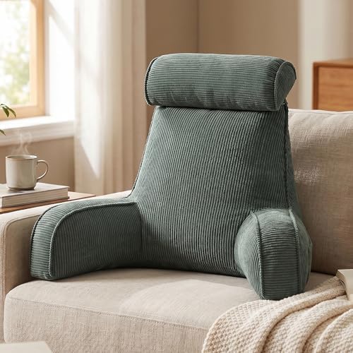 Sit Up Reading Pillow, Backrest Pillow with Arms, Corduroy Back Support Cushion with Side Pockets & Washable Cover, Bed Rest Support for Sofa Couch Floor Relax, Peacock Blue - Image 2