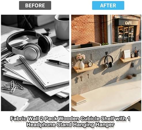 Fabric Wall 2 Pack Wooden Cubicle Shelf with 1 Headphone Stand Hanging Silver Hanger, Office Organizer Accessories, Women Men Desk Organizer Stylish Ations Holder, Desk Work Space Storage Hook - Image 3