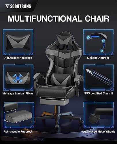 Soontrans Grey Gaming Chairs with Footrest,Ergonomic Computer Game Chair, Gamer Chair with Lumbar Pillow and Adjustable Headrest (Galaxy Grey) - Image 3