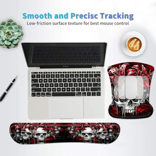 Ergonomic Mouse Pad with Wrist Support Gel Mousepads and Upgrade Keyboard Wrist Rest Pad Set, Coasters Non-Slip PU Base Mouse Mat for Office Gaming Computer Laptop Home, Red Flower Skull - Image 6