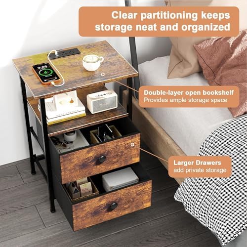 Nightstand with Charging Station, Bedside End Table with 2 Fabric Drawers for Bedroom, Side Table with USB Ports and Outlets, Rustic Brown - Image 4