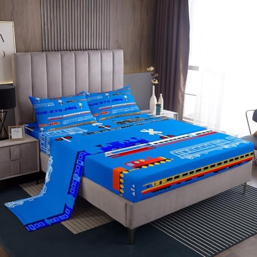 Erosebridal Train Bed Sheets Set for Boys,Cartoon Car Sheet Set for Boys Girls Kids,Vintage Car Sheets with Pocket,Retro Steam Railway Rail Flat Fitted Sheet,Traffic Light Bedding Set,Blue Queen 4Pcs by Erosebridal